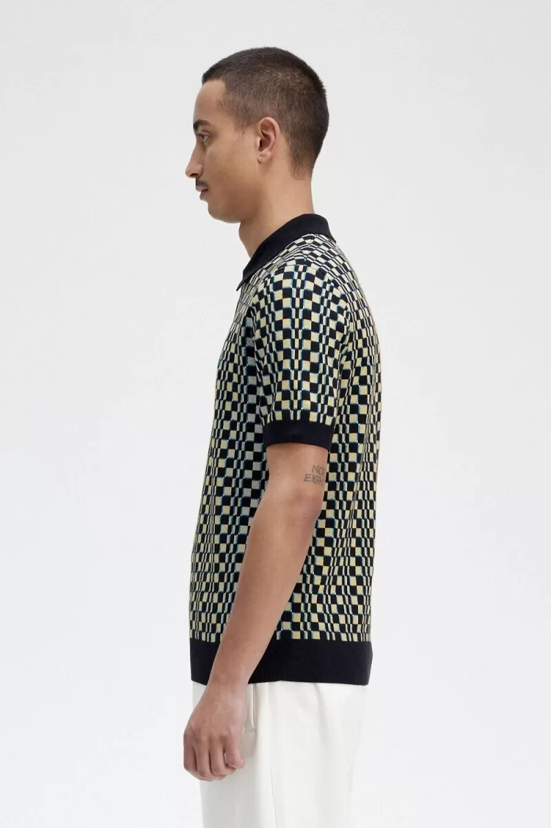 camisa de punto fred perry glitch chequerboard para hombre color menta claro y negro