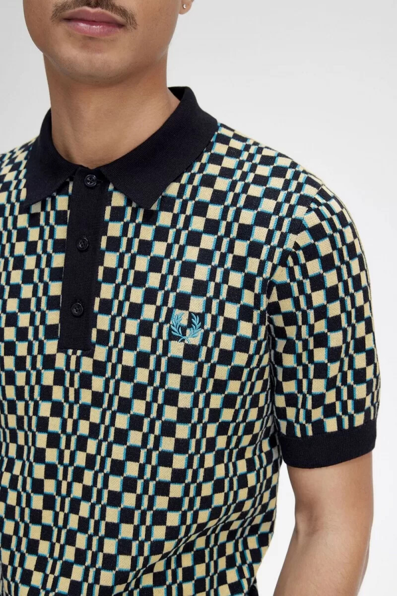 camisa de punto fred perry glitch chequerboard para hombre color menta claro y negro