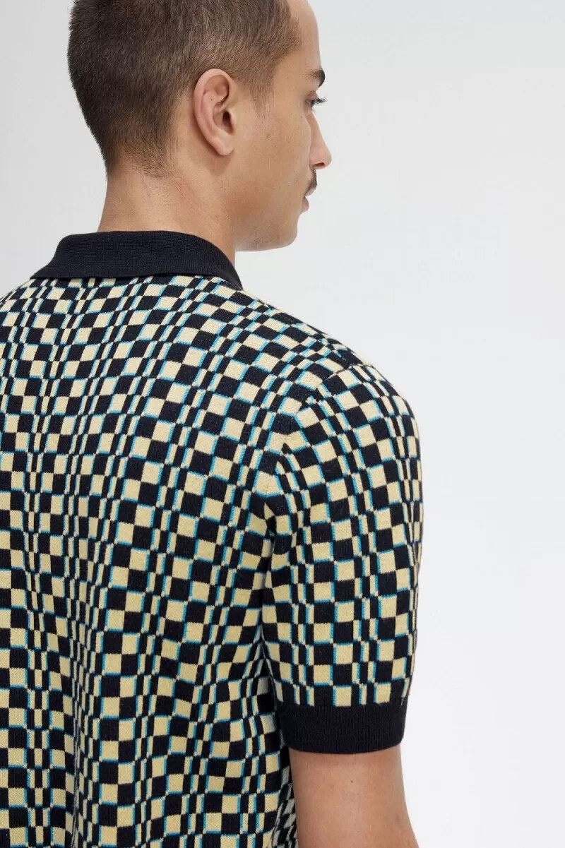 camisa de punto fred perry glitch chequerboard para hombre color menta claro y negro