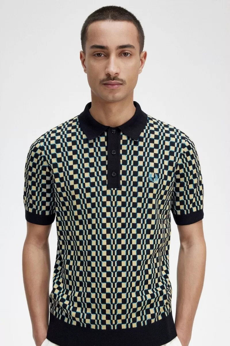 camisa de punto fred perry glitch chequerboard para hombre color menta claro y negro