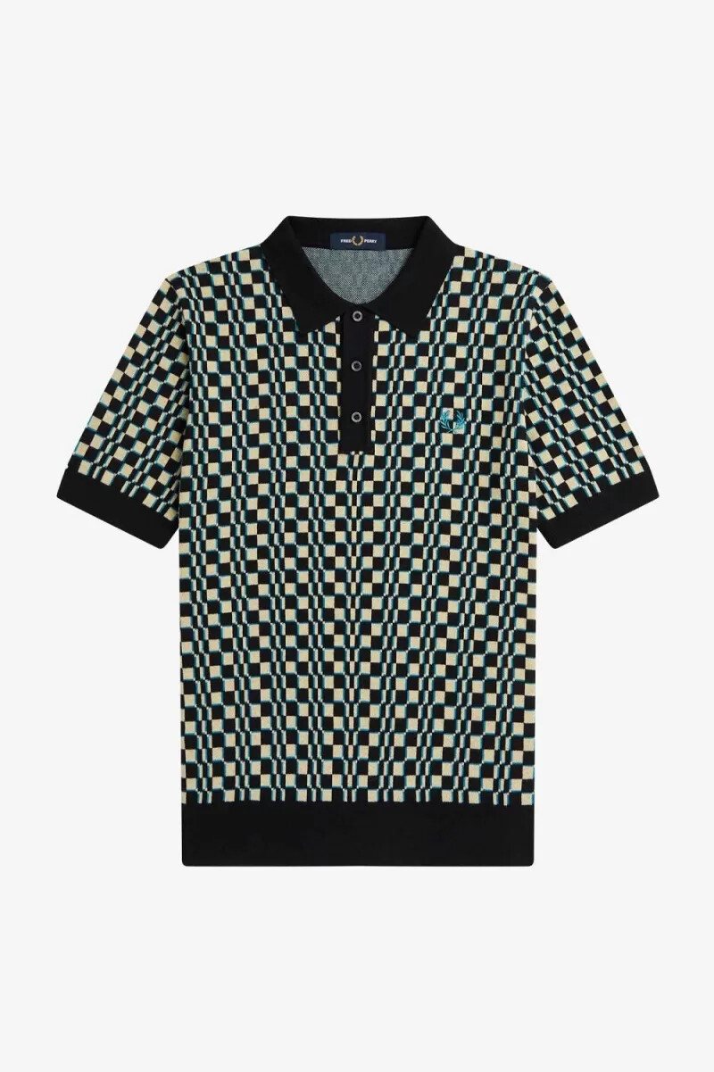 camisa de punto fred perry glitch chequerboard para hombre color menta claro y negro