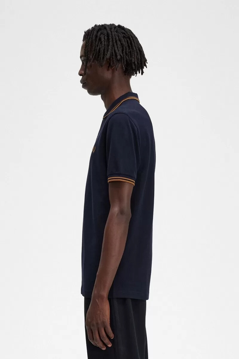 camisa fred perry m3600 para hombre color azul marino y café oscuro