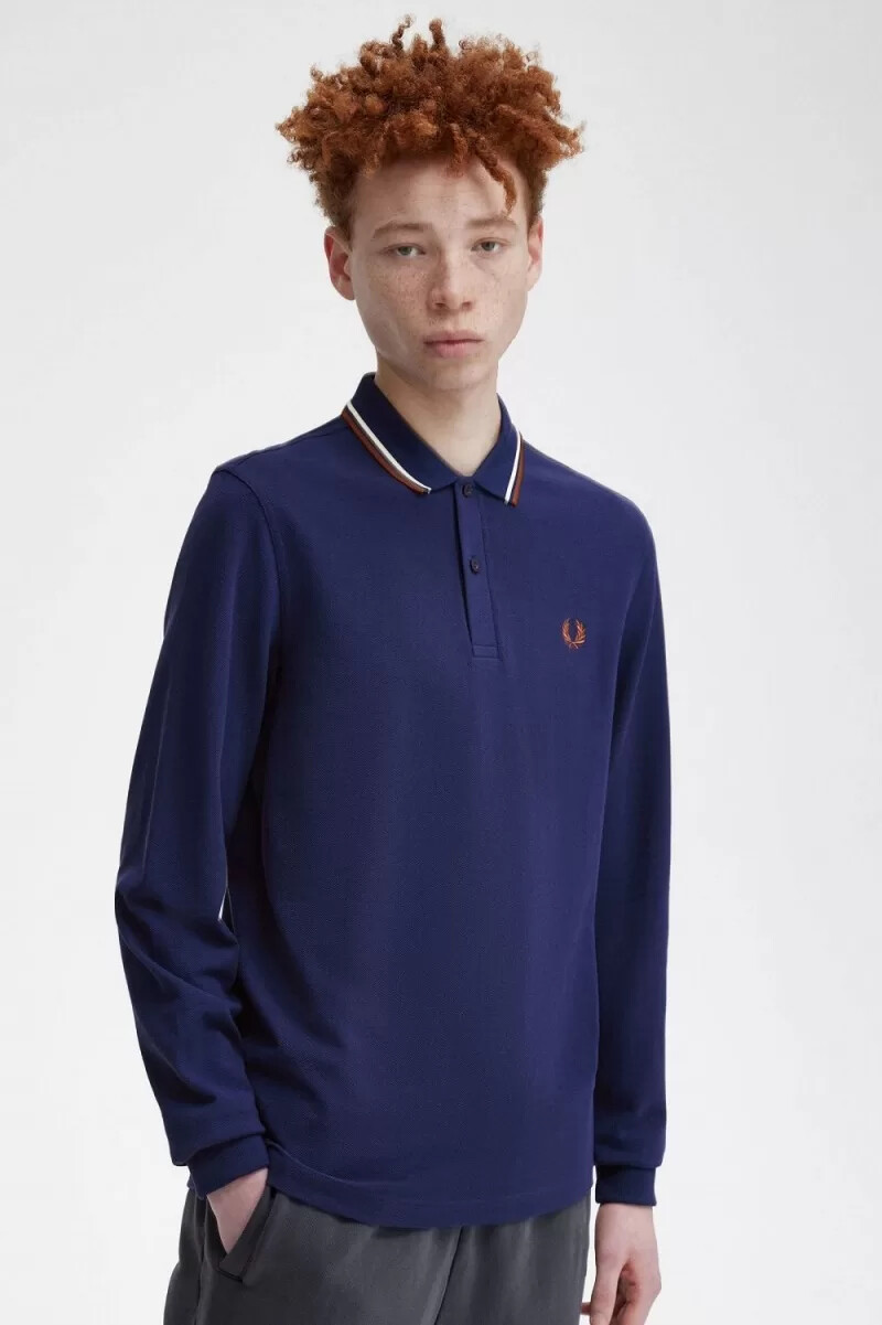 camisa fred perry m3636 para hombre color azul marino beige y marrón whisky