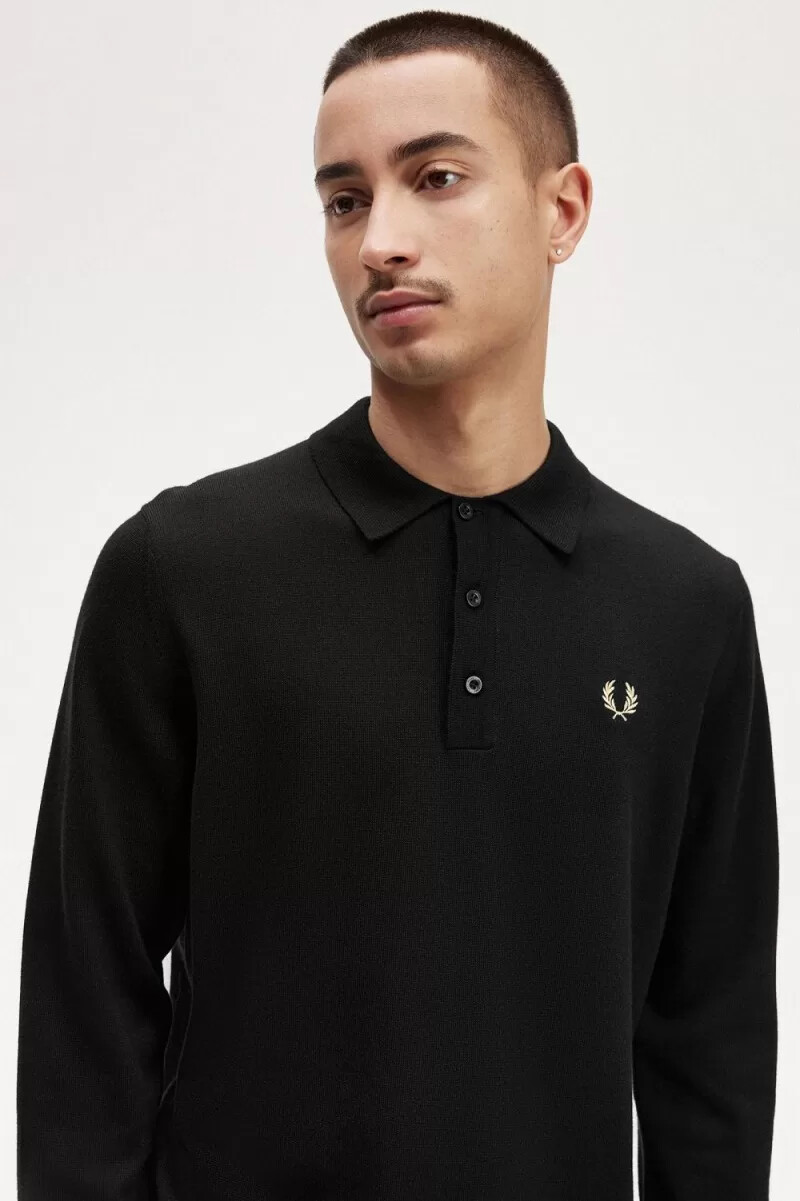 camisa de punto de manga larga fred perry para hombre negra