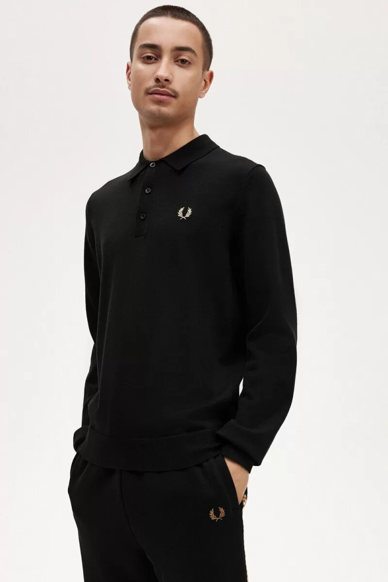 camisa de punto de manga larga fred perry para hombre negra