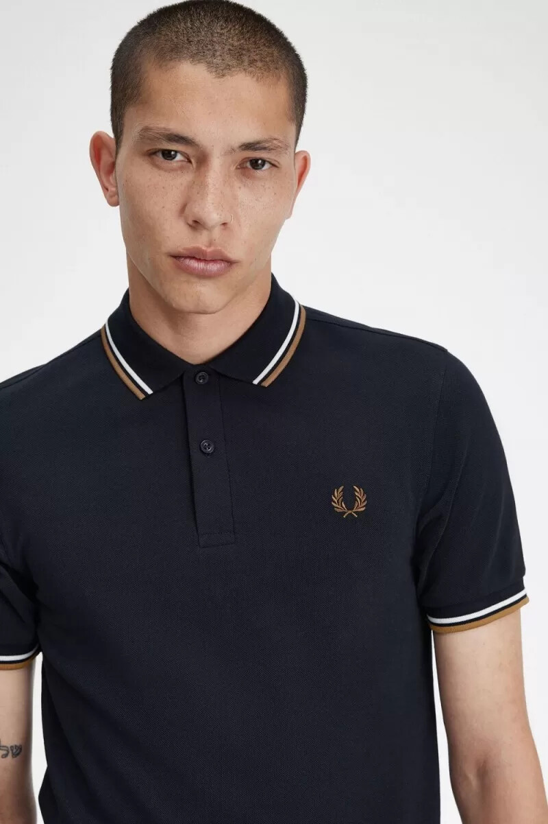 camisa fred perry m3600 para hombre azul marino blanco nieve y marrón