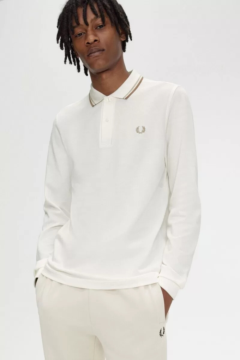 camisa fred perry m3636 para hombre color blanco nieve y verde avena