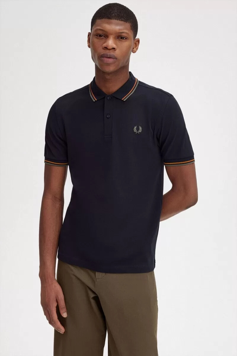 camisa fred perry m3600 para hombre color azul marino marrón y verde campo