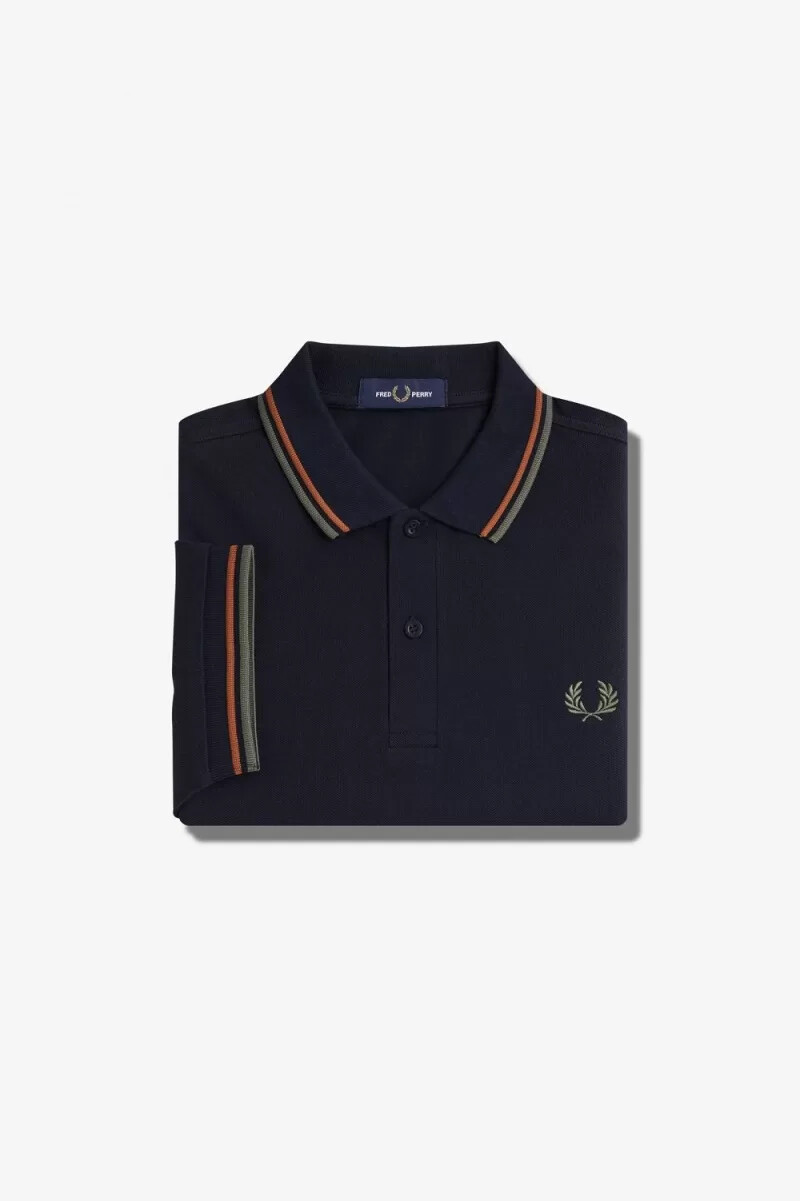 camisa fred perry m3600 para hombre color azul marino marrón y verde campo