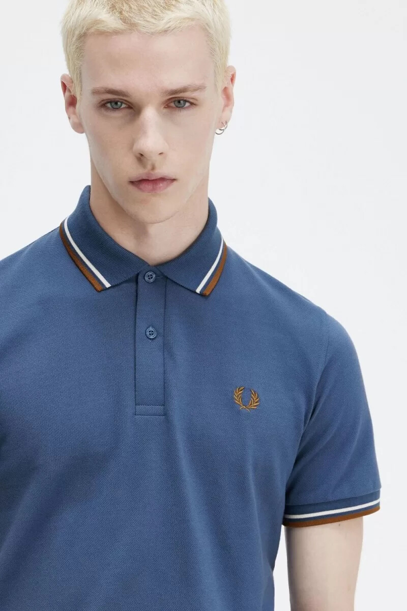 camisa fred perry m12 para hombre azul medianoche beige café oscuro