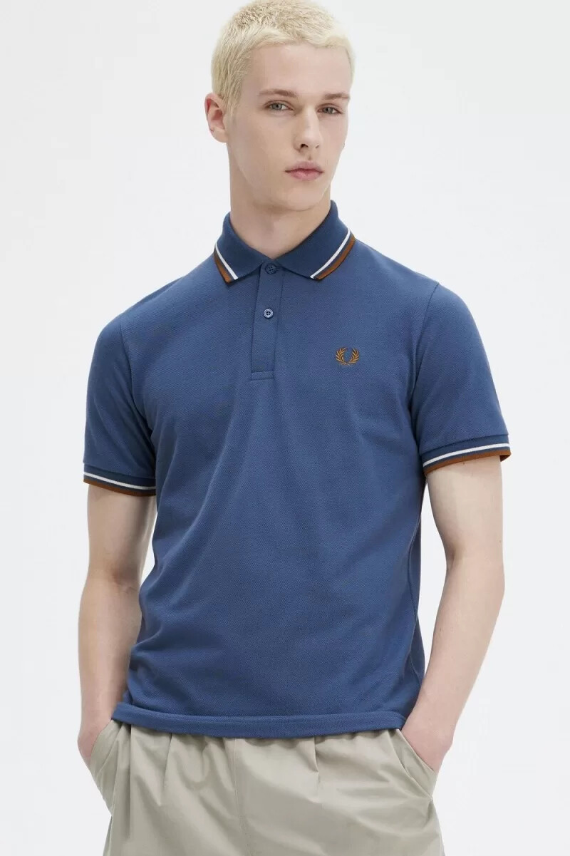 camisa fred perry m12 para hombre azul medianoche beige café oscuro