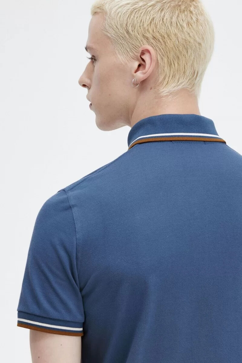 camisa fred perry m12 para hombre azul medianoche beige café oscuro