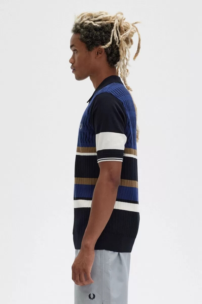 camisa de punto con paneles de rombos de fred perry para hombre azul marino francés