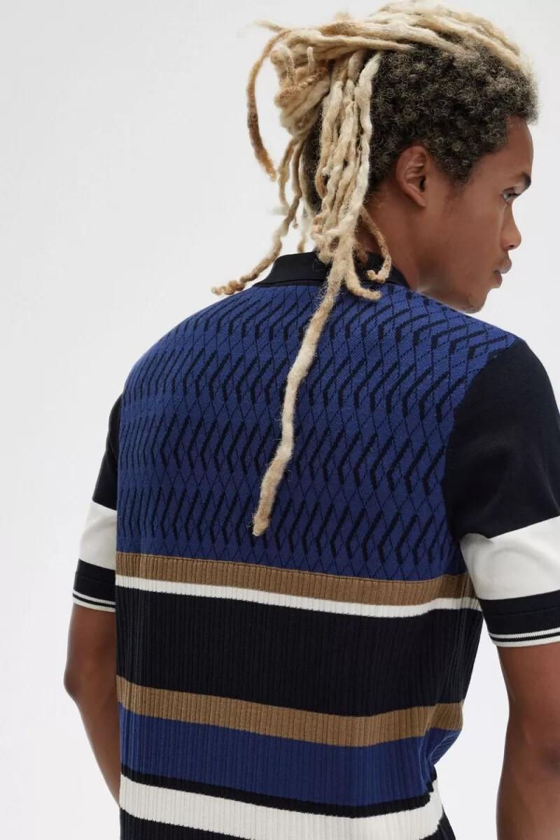 camisa de punto con paneles de rombos de fred perry para hombre azul marino francés