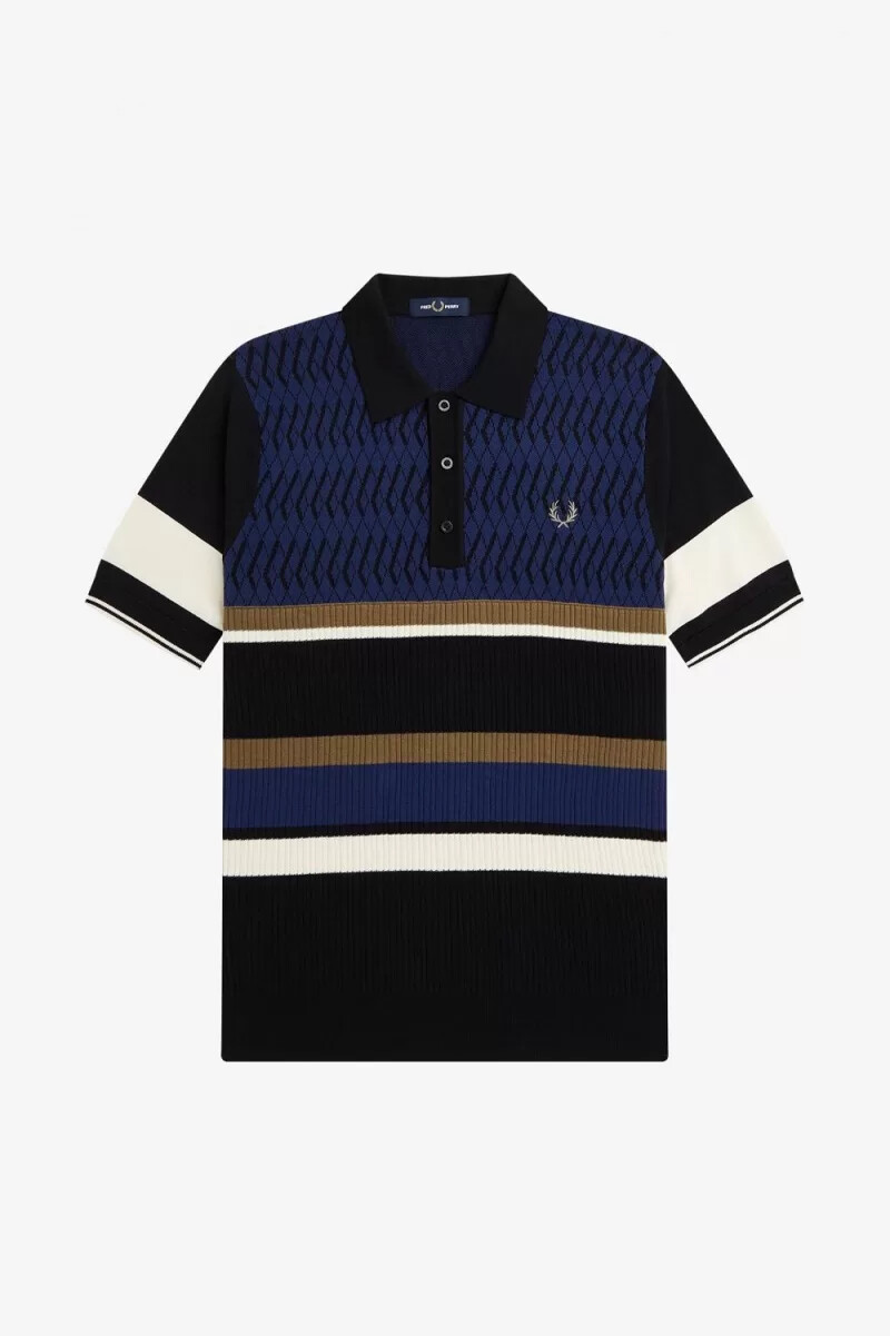 camisa de punto con paneles de rombos de fred perry para hombre azul marino francés