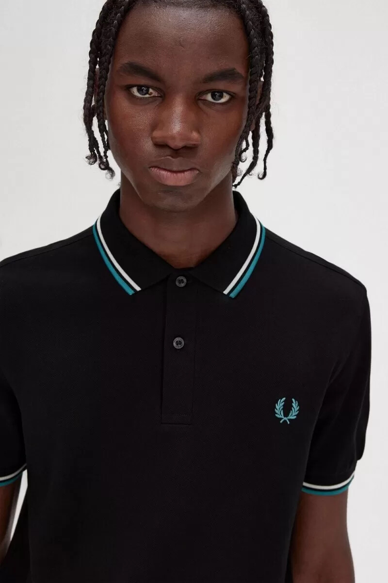 camisa fred perry m3600 para hombre color negro beige y menta intenso