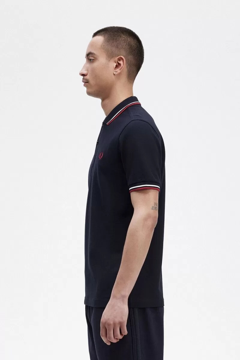 camisa fred perry m3600 para hombre azul marino blanco nieve rojo quemado