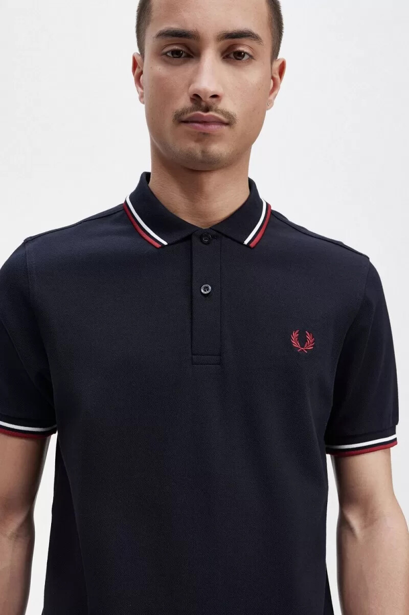 camisa fred perry m3600 para hombre azul marino blanco nieve rojo quemado