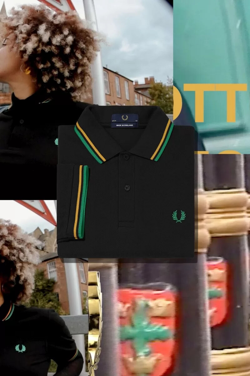 camisa fred perry m12 para hombre color negro dorado y verde bosque de nottingham