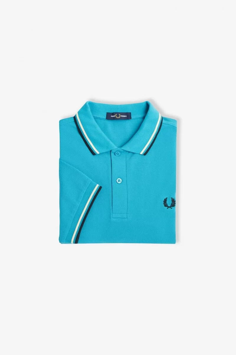camisa fred perry m3600 para hombre color azul cibernético aguamarina crema y negro