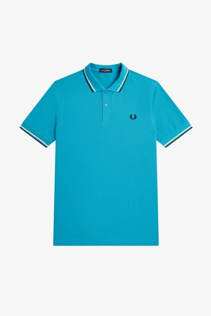 camisa fred perry m3600 para hombre color azul cibernético aguamarina crema y negro