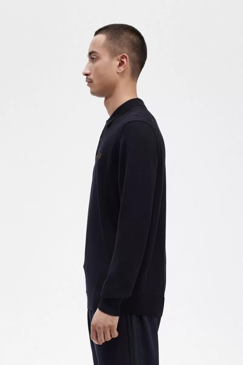 camisa de punto de manga larga fred perry para hombre azul marino