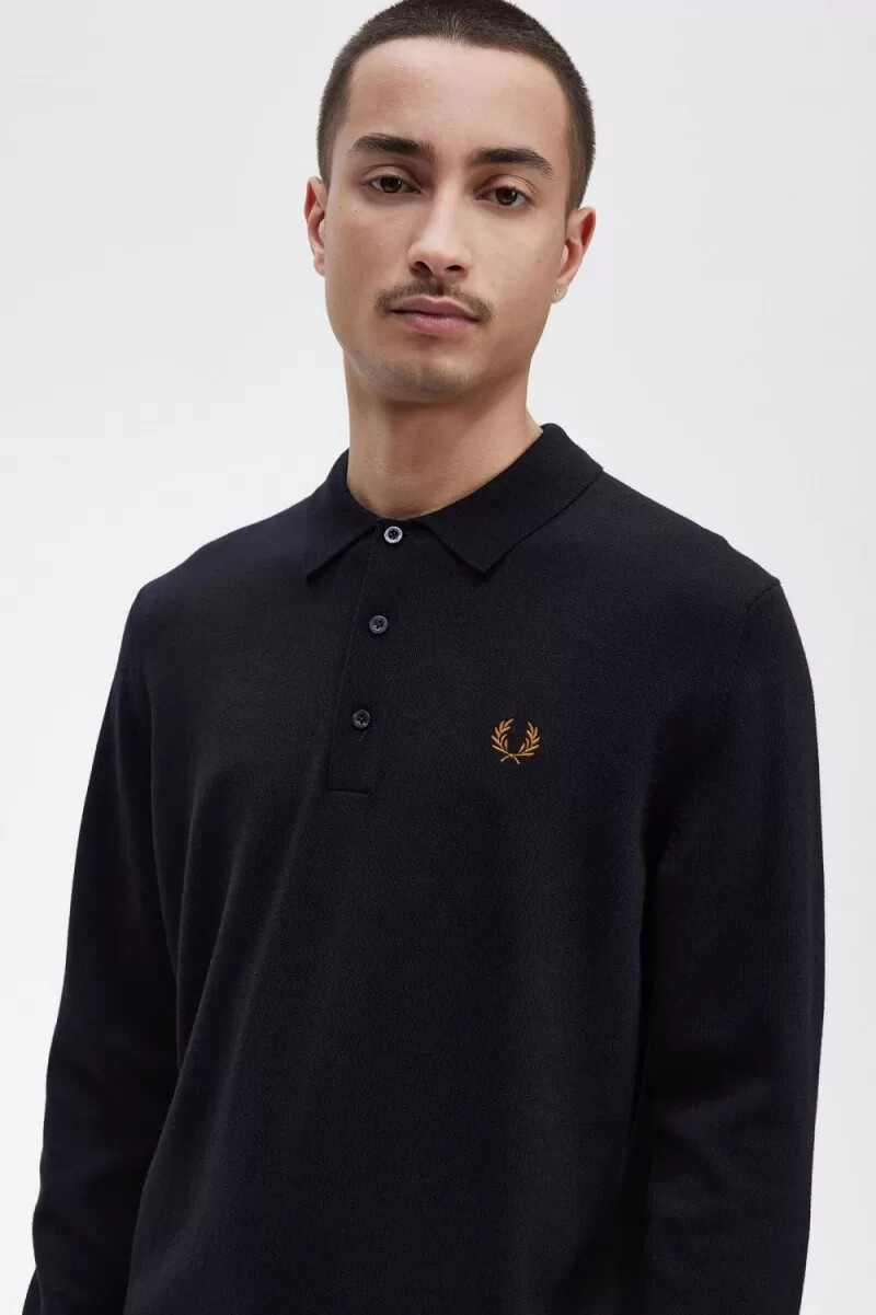 camisa de punto de manga larga fred perry para hombre azul marino