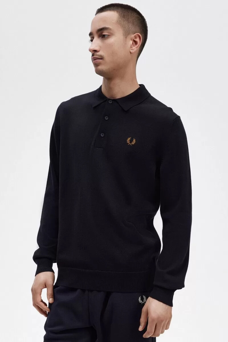 camisa de punto de manga larga fred perry para hombre azul marino
