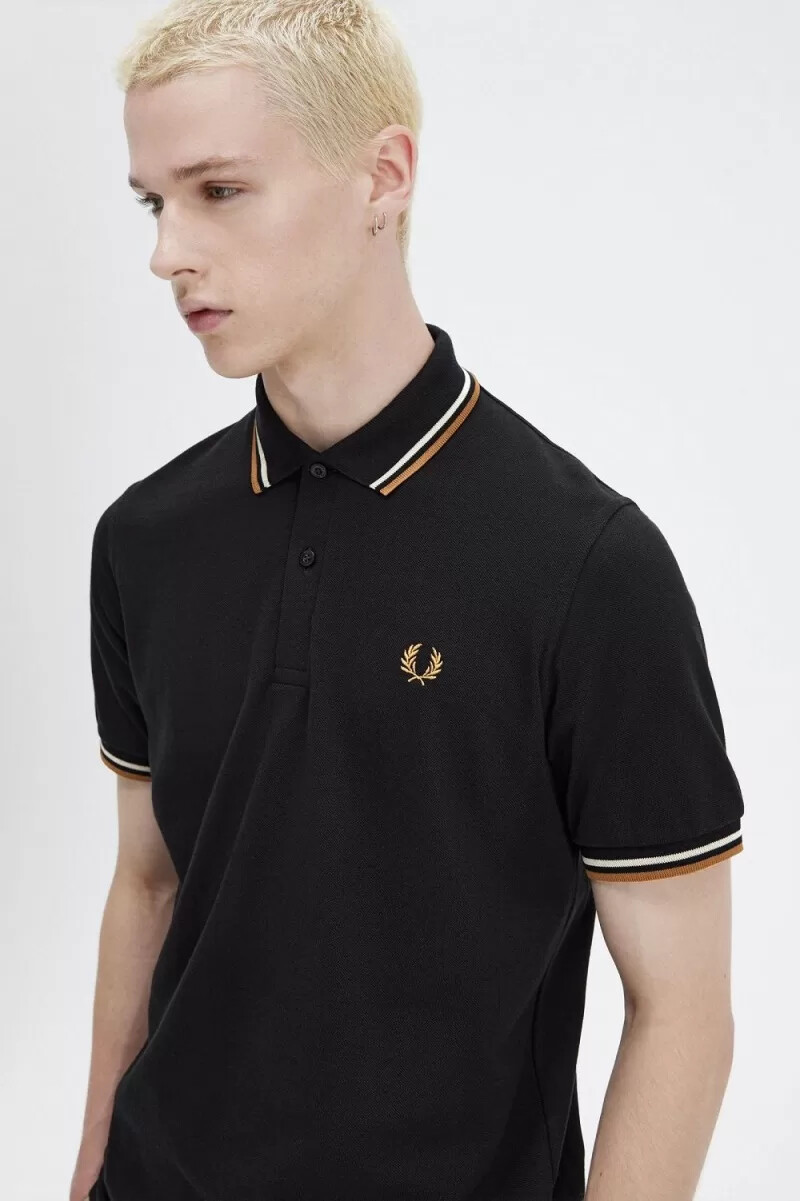 camisa fred perry m12 para hombre color negro avena y café oscuro