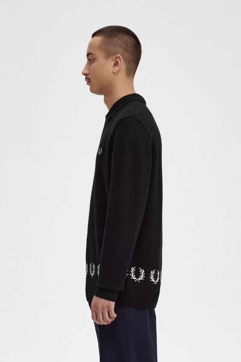 camisa de punto con ribete de corona de laurel de fred perry para hombre color negro