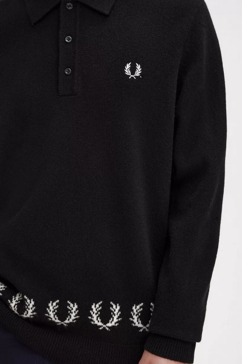 camisa de punto con ribete de corona de laurel de fred perry para hombre color negro