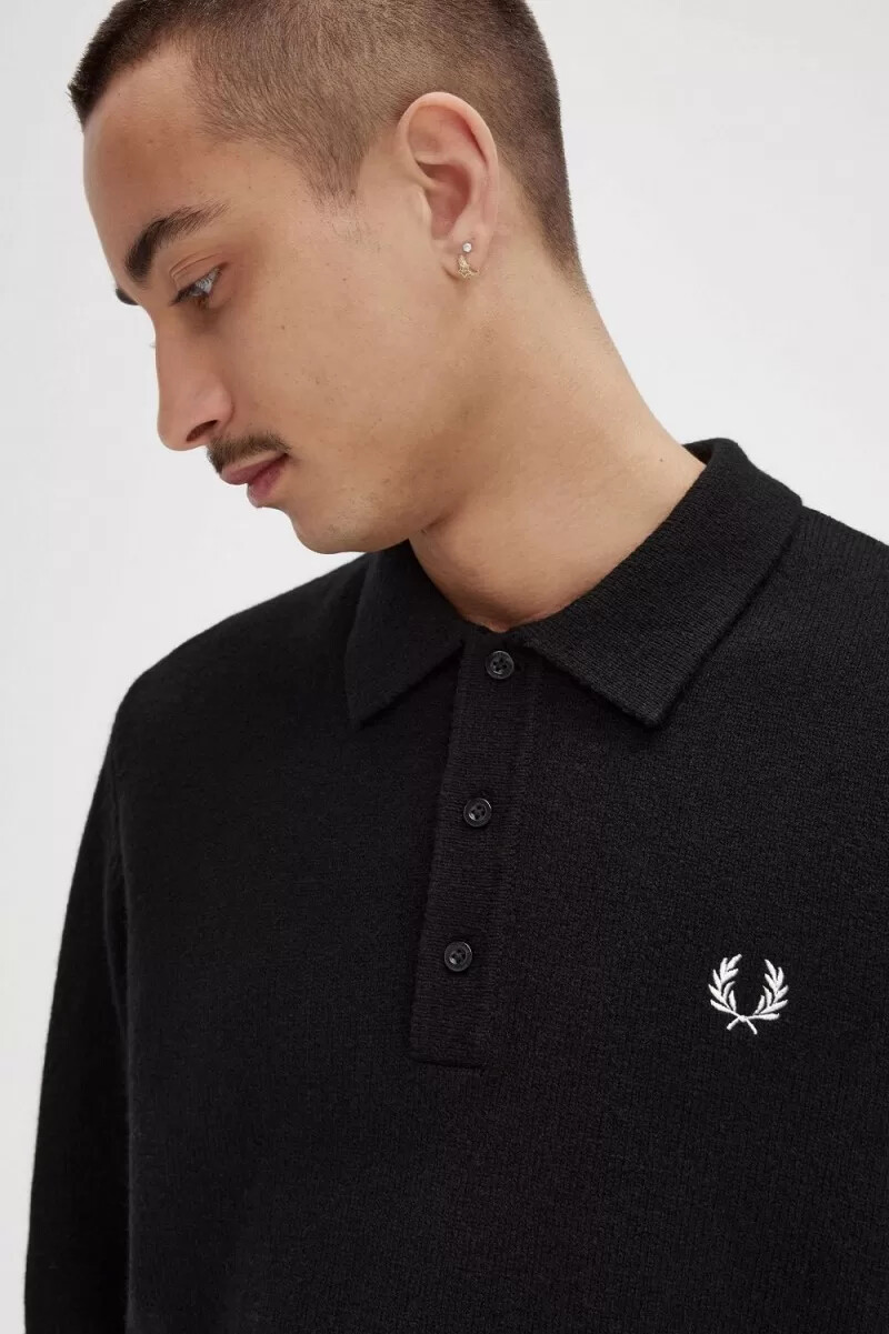 camisa de punto con ribete de corona de laurel de fred perry para hombre color negro