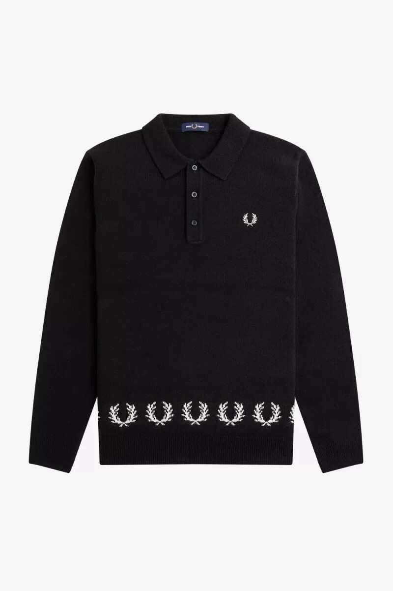 camisa de punto con ribete de corona de laurel de fred perry para hombre color negro