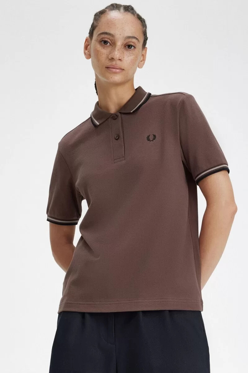camisa fred perry g3600 para mujer color rojo oscuro gris cálido y negro