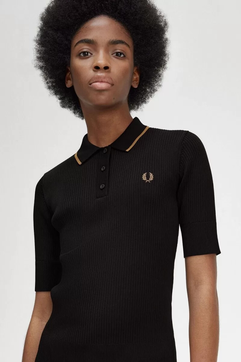 camisa de punto acanalada para mujer de fred perry negra
