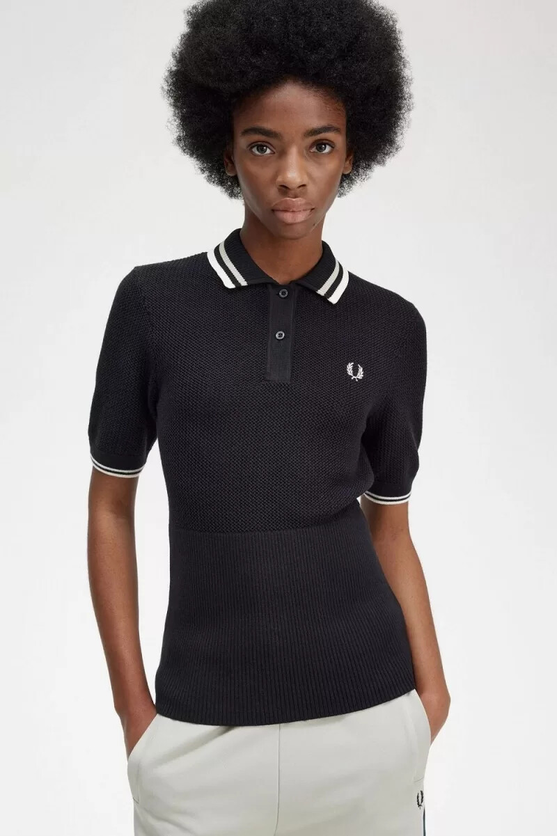 camisa de punto abierto para mujer fred perry negra