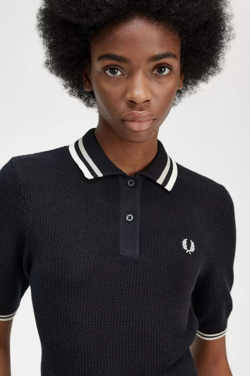 camisa de punto abierto para mujer fred perry negra