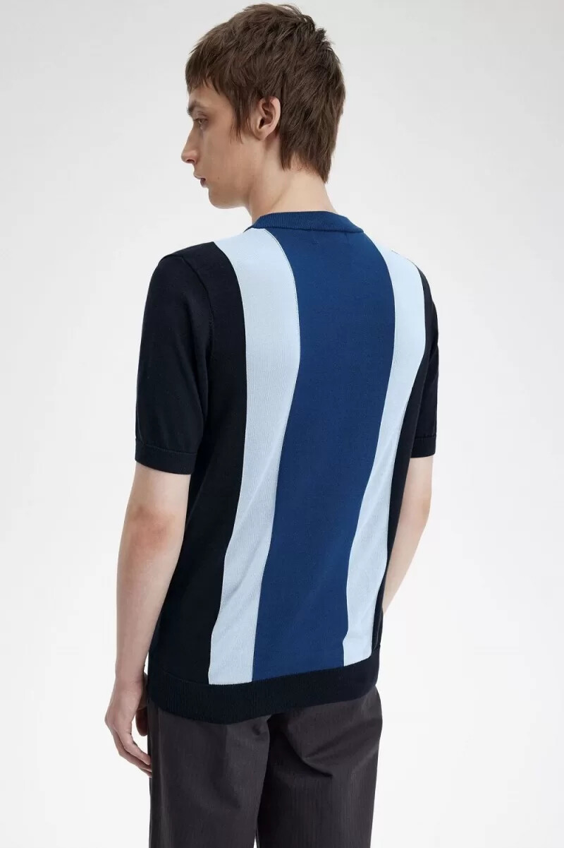 camiseta de punto fino a rayas fred perry para hombre en azul marino turquesa y cobalto sombreado