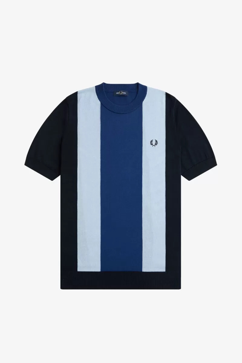 camiseta de punto fino a rayas fred perry para hombre en azul marino turquesa y cobalto sombreado