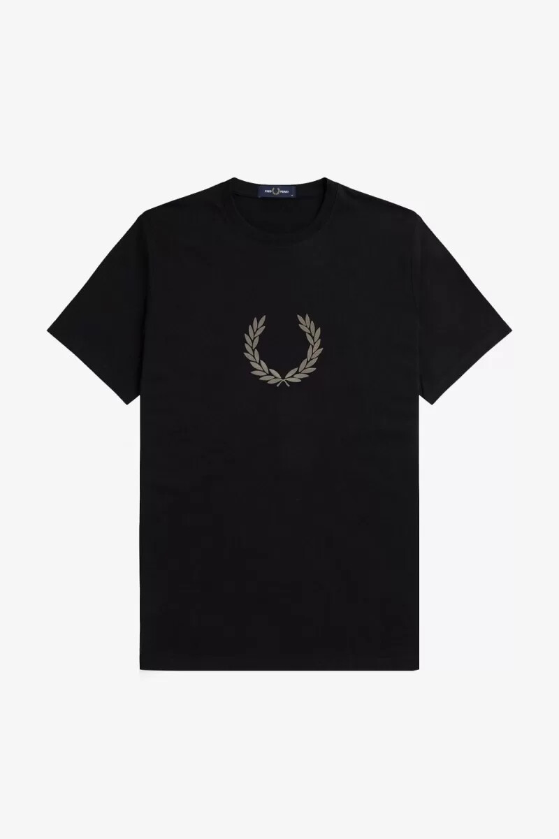 camiseta fred perry flocked laurel wreath para hombre negra y gris cálido