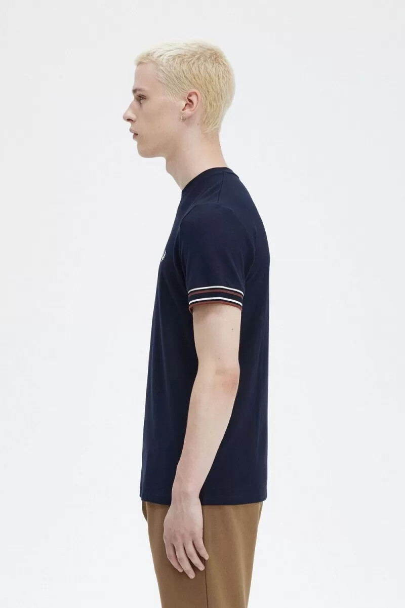 camiseta de piqué con ribete llamativo de fred perry para hombre azul marino