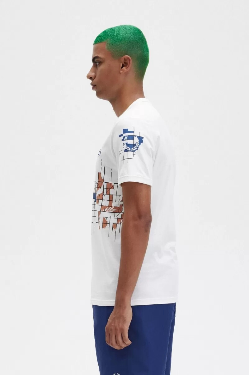 camiseta fred perry con estampado de cuadrícula para hombre en blanco nieve