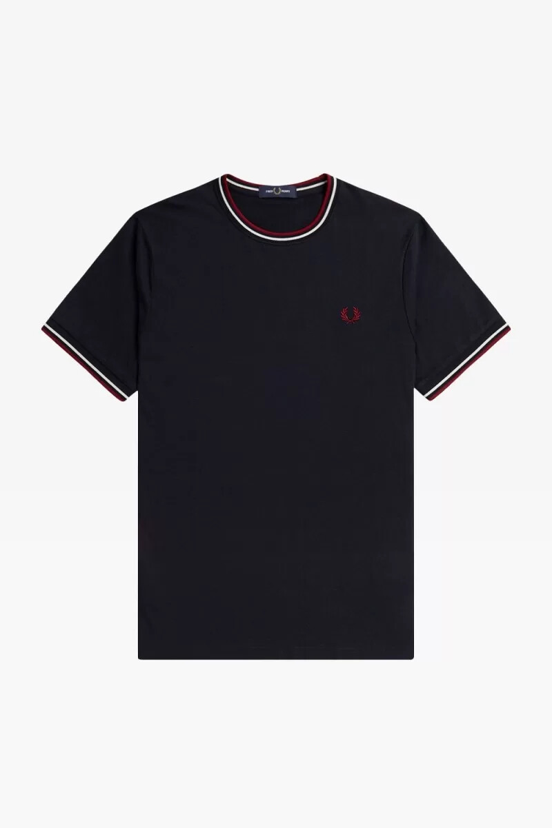 camiseta fred perry twin tipped para hombre azul marino blanco nieve y rojo quemado
