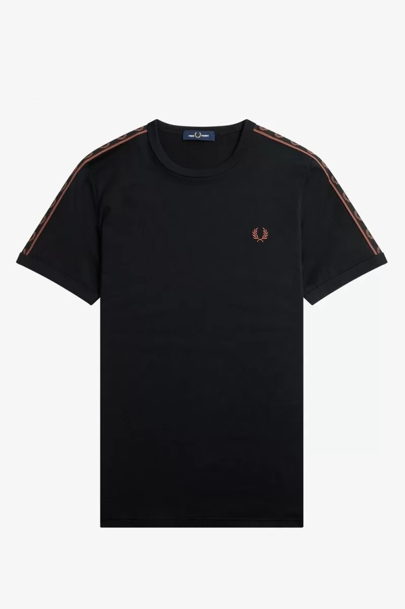 camiseta fred perry con ribetes y cinta en contraste para hombre color negro y marrón whisky
