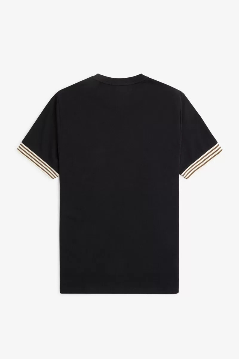 camiseta negra con puños a rayas de fred perry para hombre