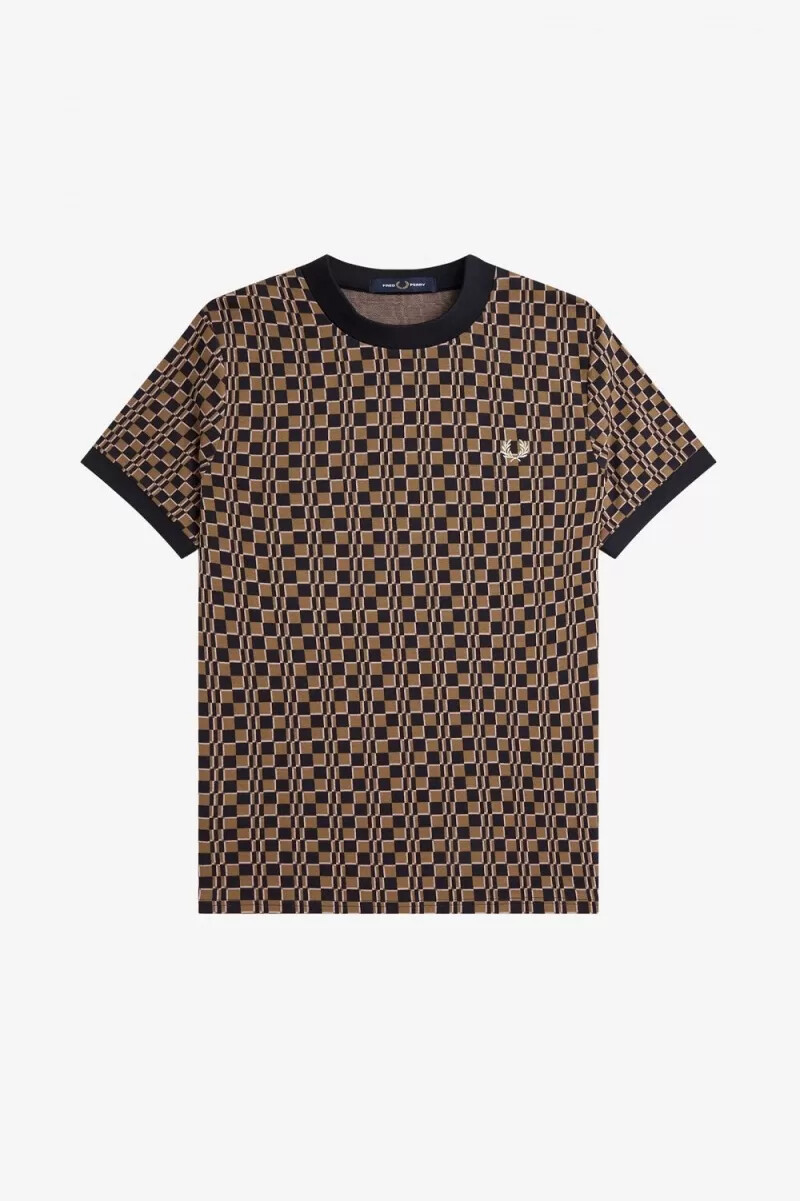 camiseta fred perry glitch chequerboard para hombre color marrón y azul marino