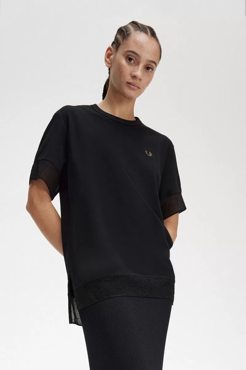 camiseta fred perry de piqué con ribete transparente para mujer color negro