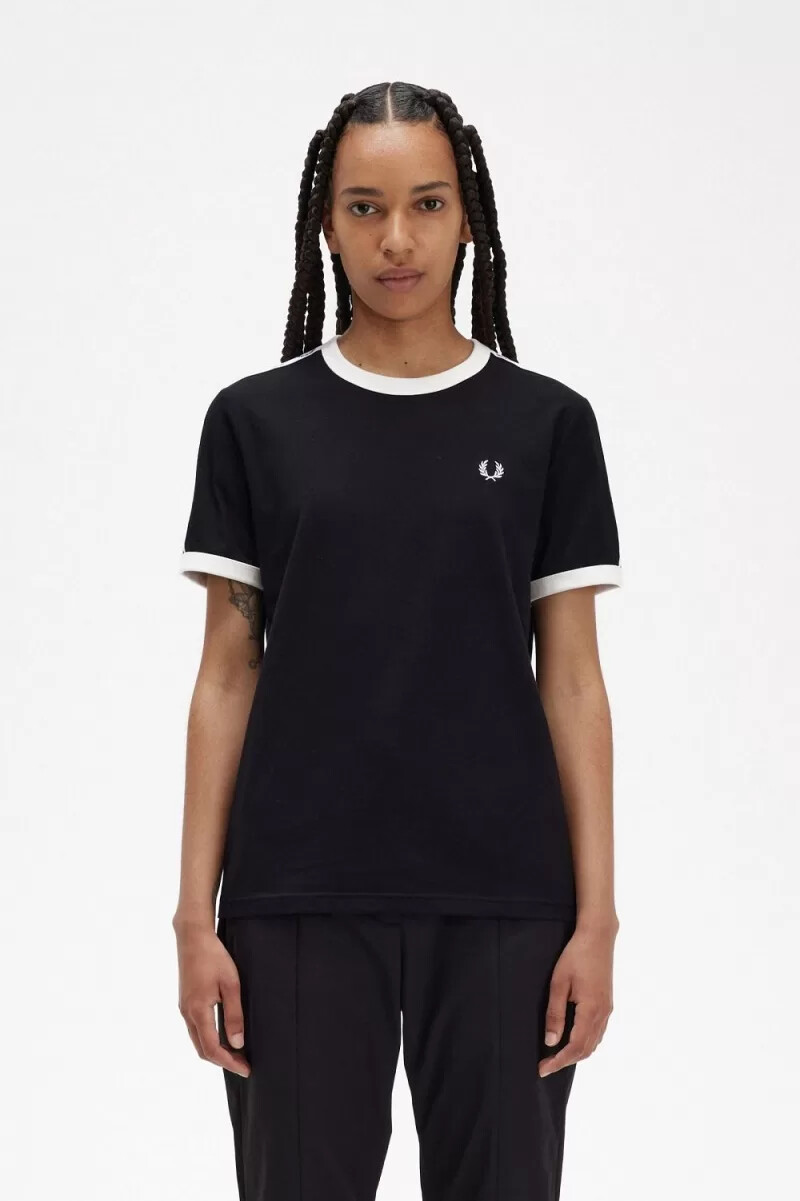 camiseta fred perry con ribetes y cinta para mujer color negro