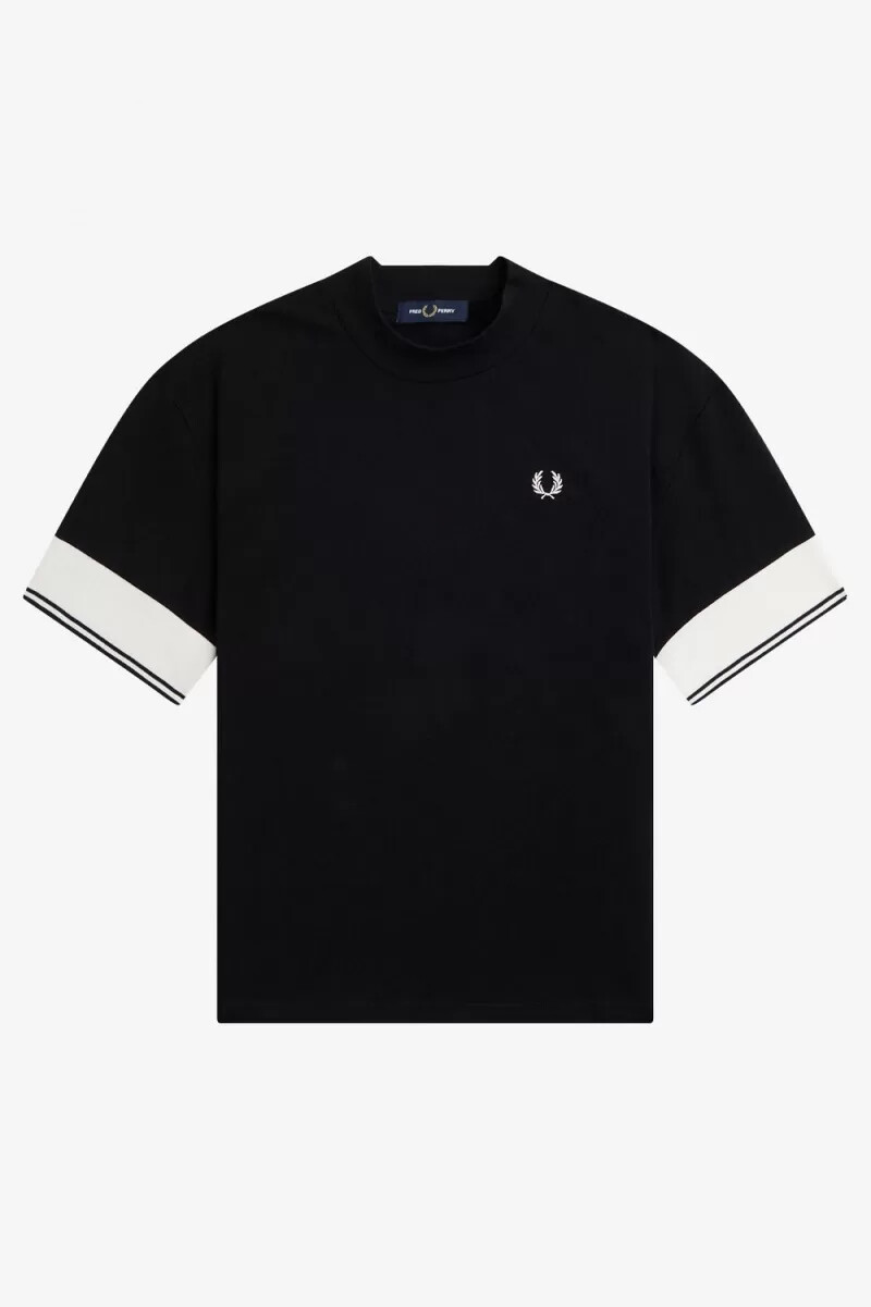 camiseta de piqué con puños con ribete de fred perry para mujer color negro