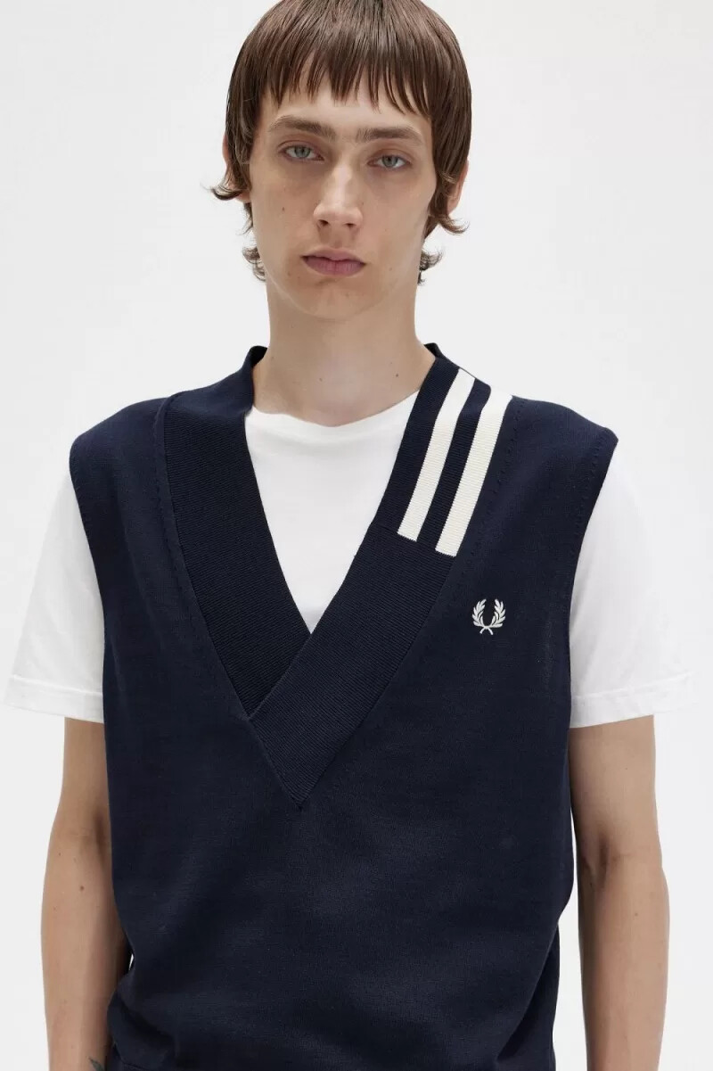 camiseta de tirantes de punto con cuello en v y ribete de fred perry para hombre color azul marino
